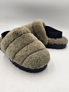 UGG Super Fluff Slippers Womens 9 Burnt Olive Closed Toe Sheepskin Platform